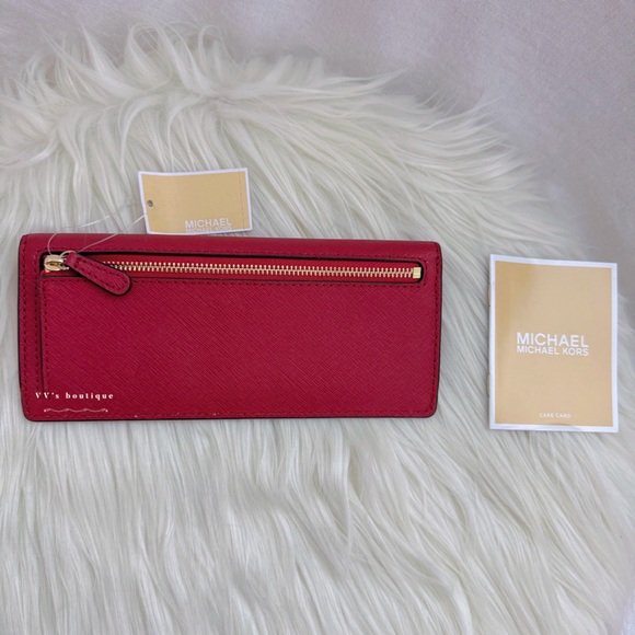 NWT Michael Kors MK Jet Set Saffiano Leather Flat Large Long Wallet Scarlet Red - Picture 2 of 6